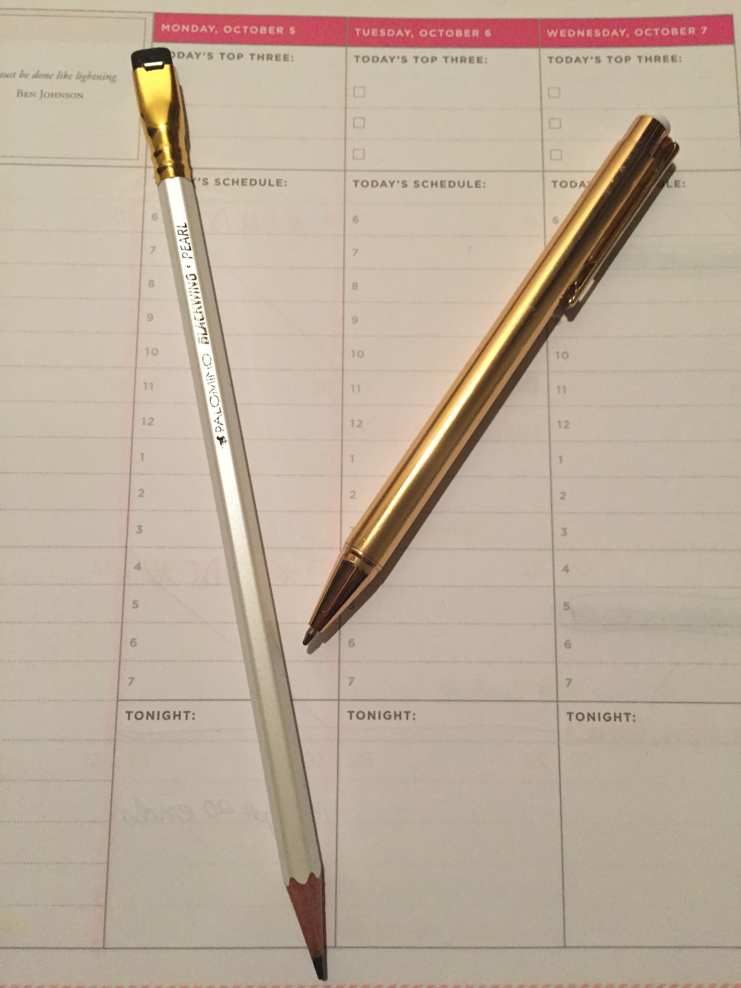 Day Designer, planner, schedule, task list, notes section, palomino pencil, gold pen